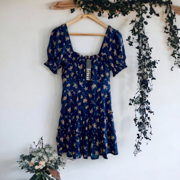 Navy Floral Tiered Dress TRIXXI Square Neckline Lettuce Ruffle Size Large - Picture 4 of 9
